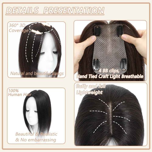 HVVZOY Hair Toppers for Women Real Human Hair,360°3D Big Basement Cover Topper for Women with Thinning Crown with Wispy Clip in Bangs Realistic Scalp (Dark brown, 3D Wispy Bangs 16INCH)