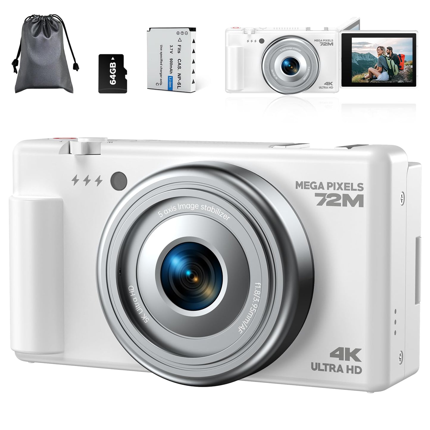 4K Digital Camera for Photography, 72MP Vlogging Camera for YouTube, Autofocus Digital Cameras with 270° Flip Screen, 18X Digital Zoom Point and Shoot Cameras with 64GB TF Card & Battery, Carry Bag