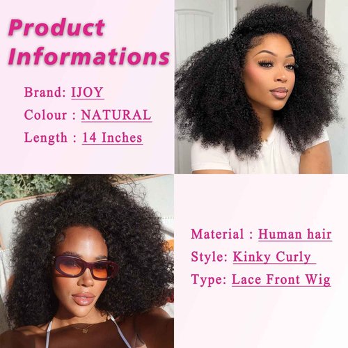 ijoy Kinky Curly Wig Human Hair 13x4 Lace Front Wigs 180 Density, 14 Inch Pre Plucked Afro Curly Human Hair Wig for Women, Natural Black, 4a/4b, Full and Thick(14inch)