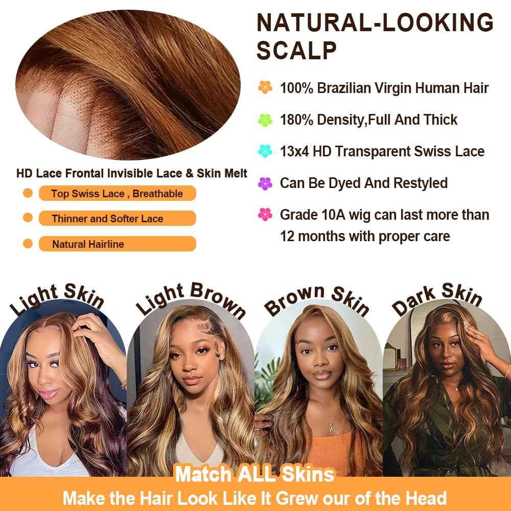 Honey Blonde Ombre Lace Front Wig Human Hair Highlight Wig Human Hair 4/27 Colored Body Wave HD Lace Front Wigs Human Hair Pre Plucked with Baby Hair Frontal Wigs for Women 180% Density 28 Inch