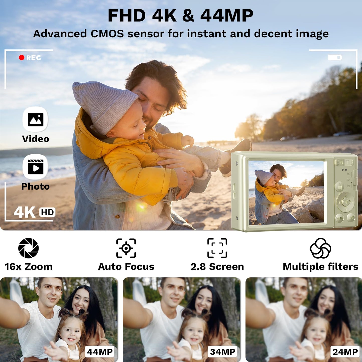 2025 Upgrade Digital Cameras,Digital Camera 4K 44MP, Compact Point and Shoot Digital Cameras for Teens with 16x Zoom, 64 GB SD Card, Vintage Digital Camera for Kids Boys Girls (Cream)