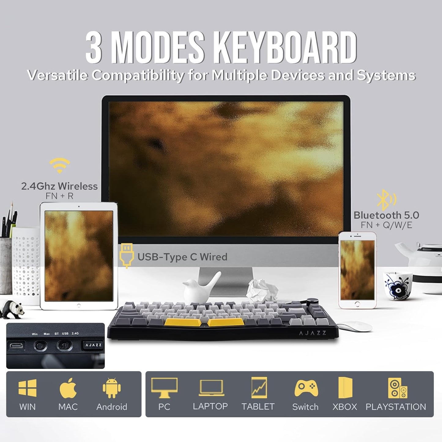 AJAZZ AKS075 Wireless Gaming Keyboard, Hot-Swappable Gasket Mechanical 75% Alice Keyboard with 0.85’ TFT Screen, BT5.1/2.4GHz/USB-C, 5000mAh Battery (Black, Flying Fish Switch)