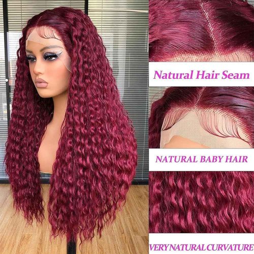 ZHUO JIA 99j Burgundy Lace Front Wigs Human Hair Pre Plucked 30 Inch Deep Wave Wig Human Hair for Women 180% Density Transparent 13x4 HD Lace Front Wigs Bleached Knots with Baby Hair (30 Inch)