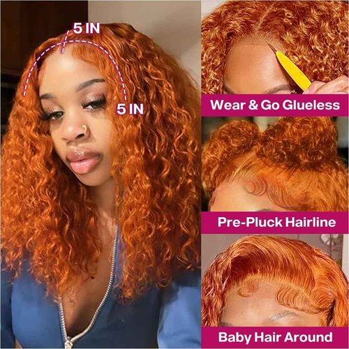 Ailwelia Curly Bob Wig Human Hair Deep Wave 200% Density 5x5 HD Lace Closure Wigs Human Hair Bob Wigs For Black Women Wear And Go Glueless Curly Wig Ginger Color 26 Inch