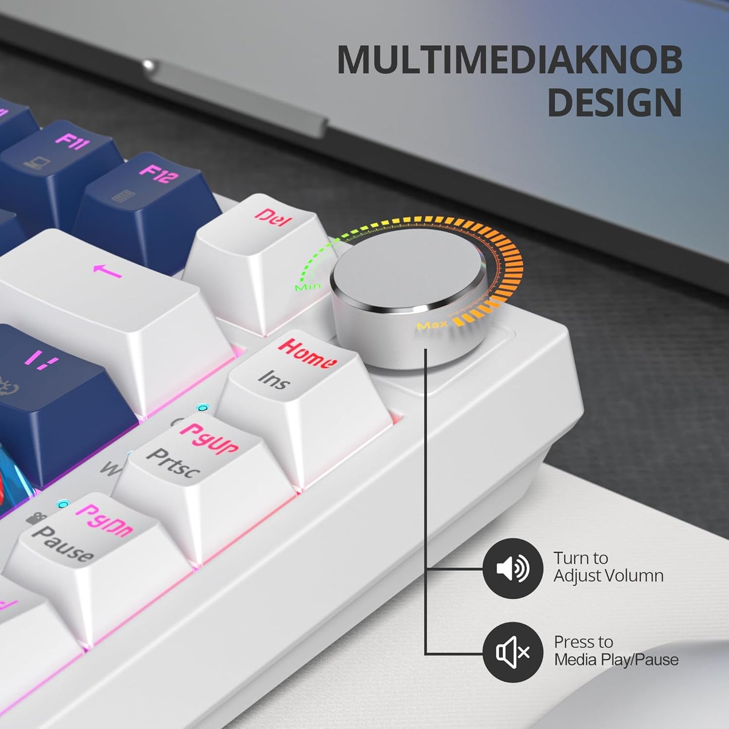 75% Mechanical Gaming Keyboard, Hot Swappable RGB Backlit Custom With Knob, Gasket Mount USB Wired, 82 Keys Blue White Linear Red Switch (82 Blue White)