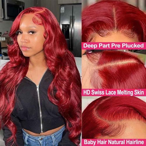 99J Burgundy Lace Front Wigs Human Hair 13X4 HD Lace Human Hair Wigs 180% Density Red Body Wave Human Hair Wigs Pre Plucked Bleached Knots Lace Front Wig With Baby Hair (22inch, 13x4 Burgundy)