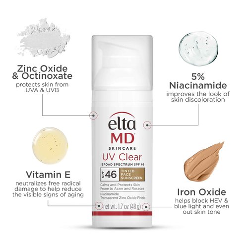 EltaMD UV Clear Tinted Sunscreen for Face, SPF 46 with Zinc Oxide, Oil-Free, Dermatologist Recommended, For Acne-Prone Sensitive Skin, 1.7 oz (Pack of 2)