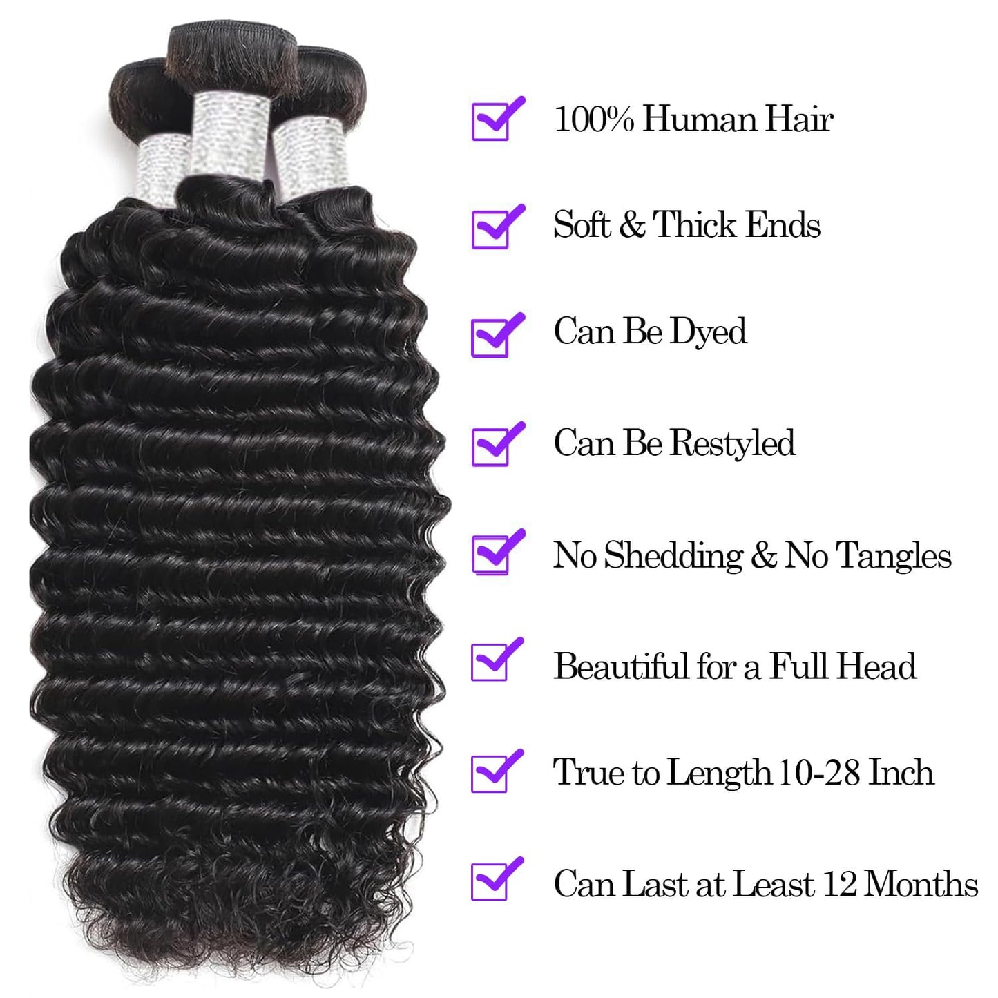 12A Human Hair Bundles 20 22 24 Inch Deep Wave Bundles Human Hair 100% Unprocessed Brazilian Virgin Curly Weave 3 Bundle Water Wavy Hair Extensions for Women Natural Color Deep Wave Bundles
