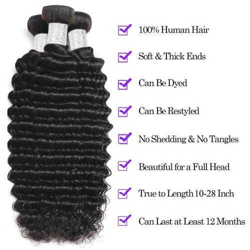 12A Human Hair Bundles 20 22 24 Inch Deep Wave Bundles Human Hair 100% Unprocessed Brazilian Virgin Curly Weave 3 Bundle Water Wavy Hair Extensions for Women Natural Color Deep Wave Bundles