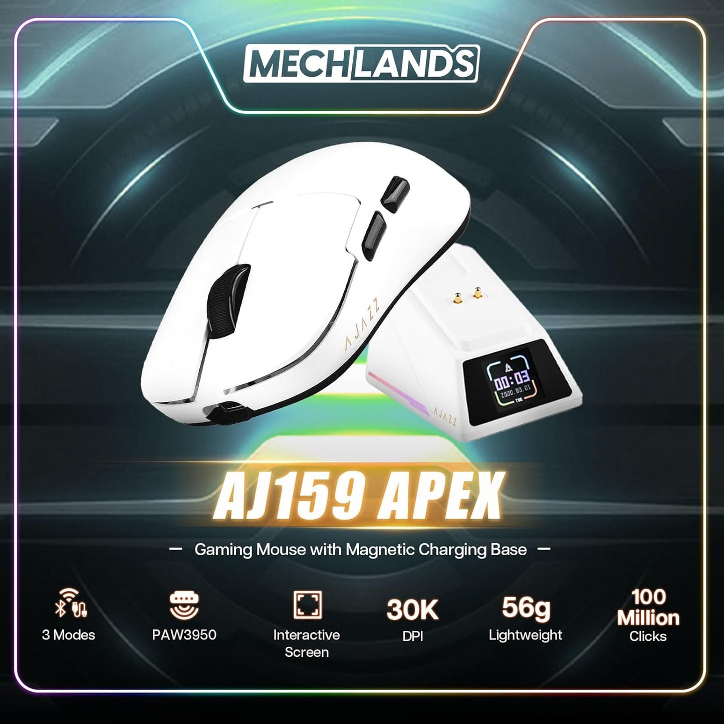 AJ159 APEX Wireless Mouse, Lightweight Gaming Mice, with Magnetic Charging Design and Display Screen, 42000 DPI, PAW3950 Sensor, BT/2.4G/Wired Connection, 400mAh Battery (Black)