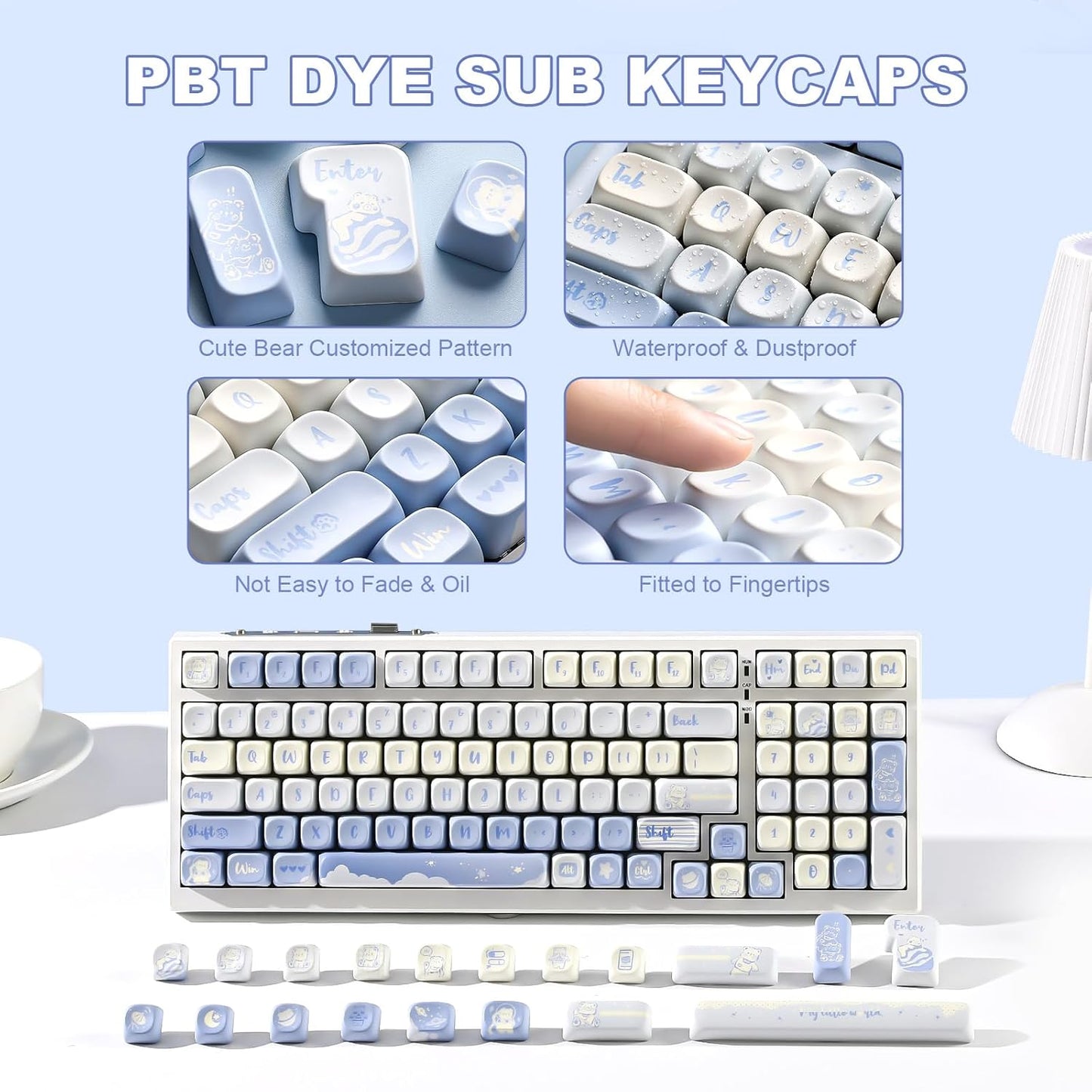 YUNZII 132 Keys MOA Keycaps, Dye-Sublimation PBT Custom Keycap Set for MOA Profile, Cute Bear Customized Pattern Keycaps for MX Switches Mechanical Gaming Keyboard (Butter)