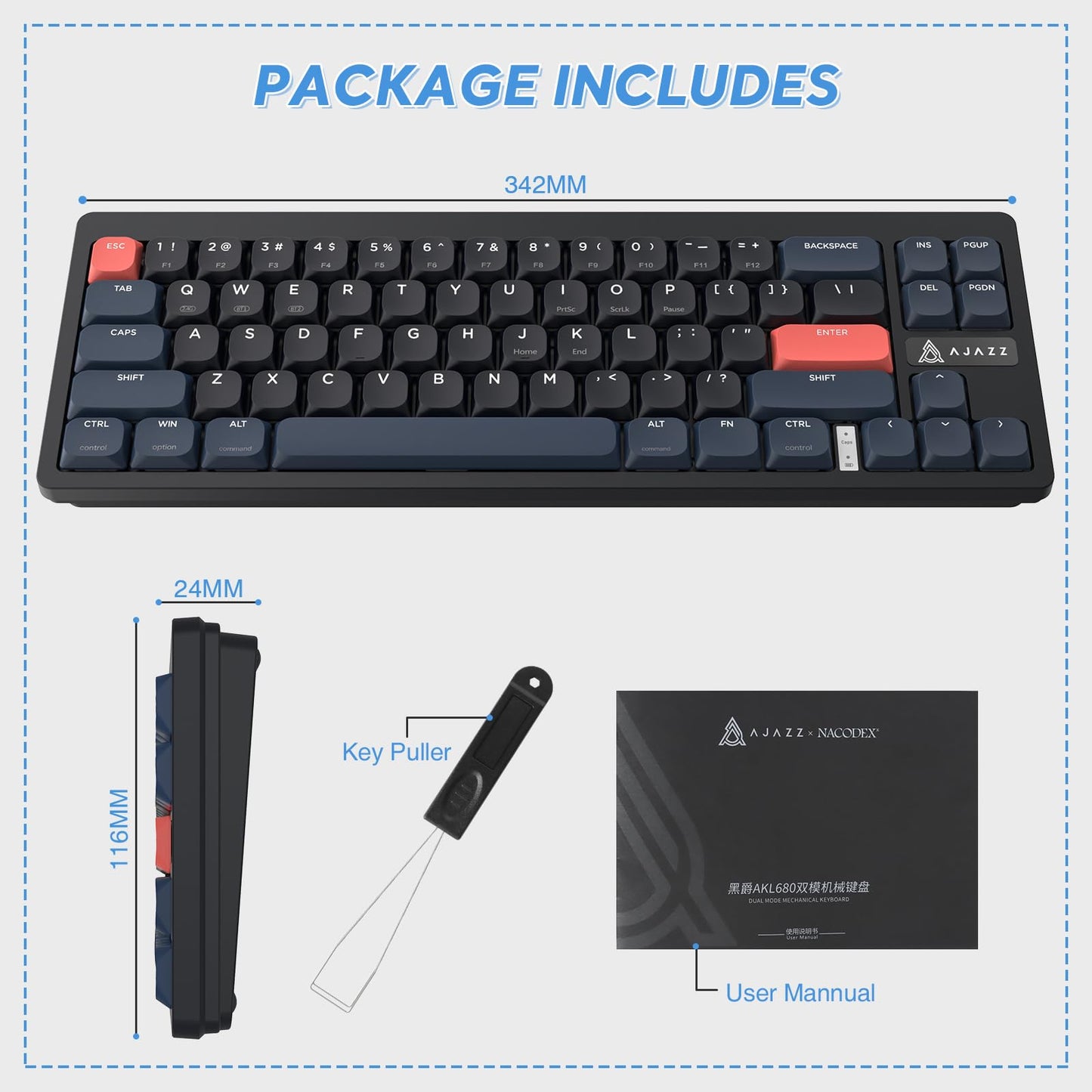 A.JAZZ AKL680 65% Low Profile Wireless Mechanical Keyboard, BT/2.4Ghz Dual Mode 68 Keys Gaming Keyboard with Ultra-Thin Blue Switches for PC/Laptop/Windows/Mac(Blue/Black)