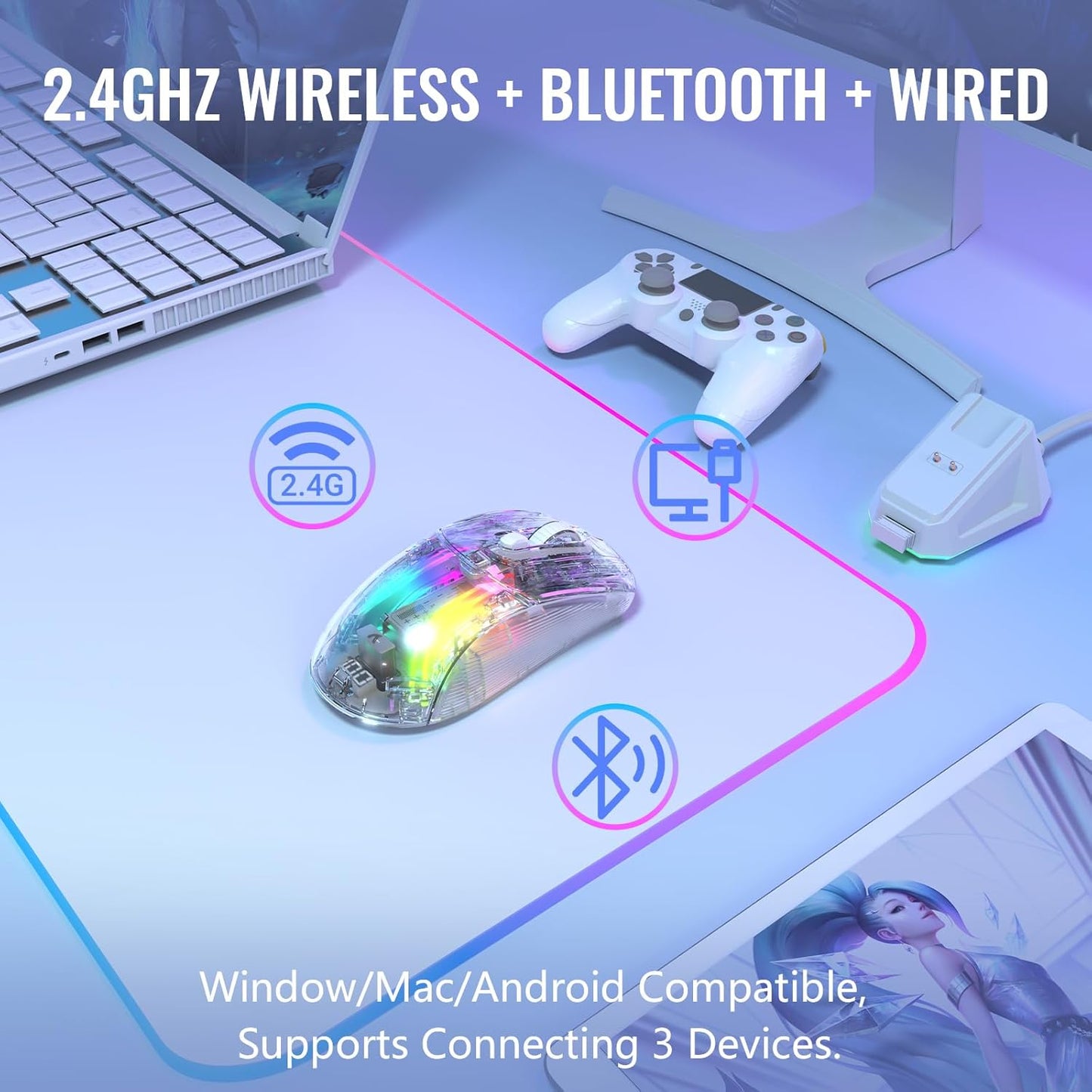 A.JAZZ Wireless Gaming Mouse with Full Transparent,Tri-Mode 2.4GHz/Bluetooth/Wired Mouse,Digital Display,Charging Base,3D RGB Backlit,Silent Mice with 7 Buttons,Wireless Mice for Laptop,PC,Mac(White)