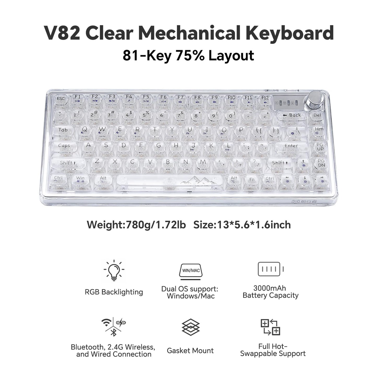 Adventurers V82 Transparent Mechanical Keyboard - Hot-Swappable RGB Gaming Keyboard, 75% Layout & Clear PC Keycaps, Bluetooth/2.4G/Wired Triple-Mode for Windows/Mac(Crystal Clear Switch,White)