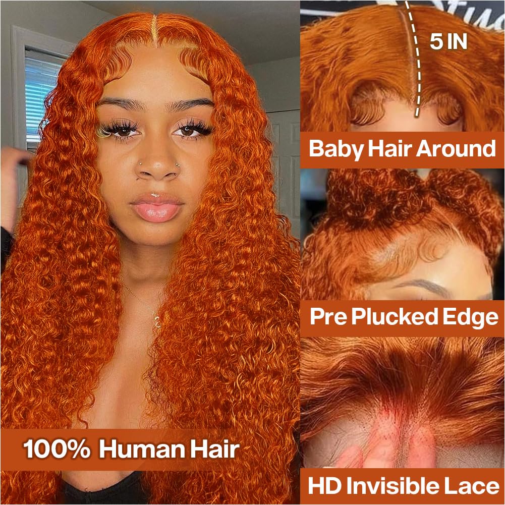 omswet Curly BOB Wig Human Hair 200 Density 5x5 HD Lace Closure Deep Wave Wigs for Black Women Glueless Wear and Go Pre Plucked Deep Wave Wet and Wavy Glueless Wigs Human Hair Ginger 18 Inch