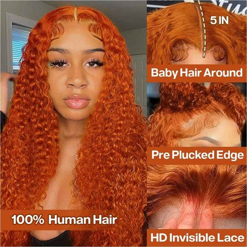 omswet Curly BOB Wig Human Hair 200 Density 5x5 HD Lace Closure Deep Wave Wigs for Black Women Glueless Wear and Go Pre Plucked Deep Wave Wet and Wavy Glueless Wigs Human Hair Ginger 18 Inch
