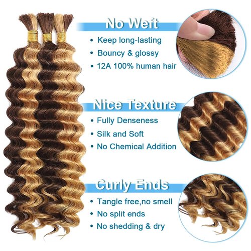 CIFENDIN Human Braiding Hair for Boho Braids 22 Inch 110g Color 4/27 Highlight Balayage Deep Wave Boho Bulk Human Hair for Braiding Knotless 12A Curly Wet and Wavy Bohemian Braids No Weft 3 Bundles