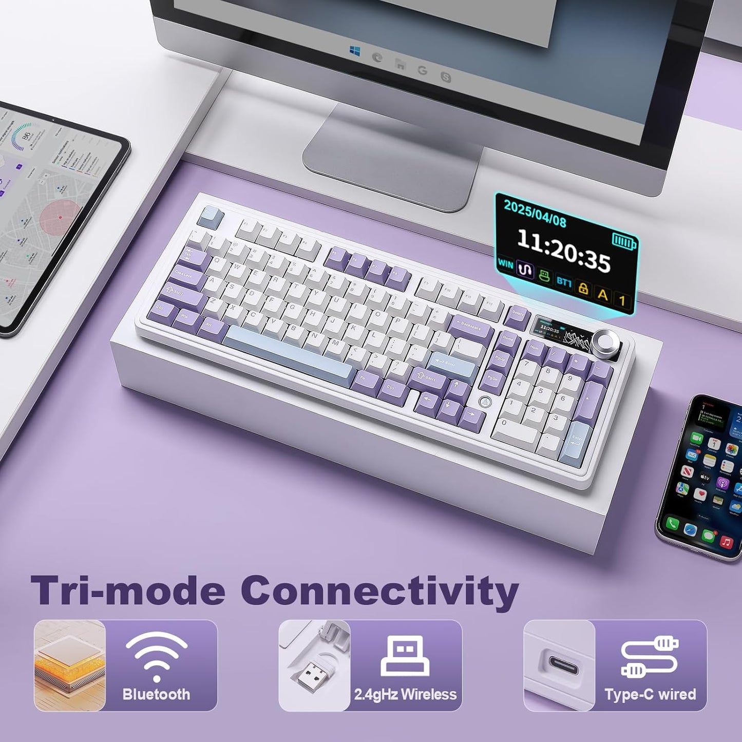 AJAZZ AK980 Wireless Keyboard with Smart Display & Knob,98% Mechanical Keyboard Tri-Mode BT/2.4G/USB-C, Hot Swappable, PBT Keycaps, with RGB Light for Win & Mac(Black,Murad Switch)