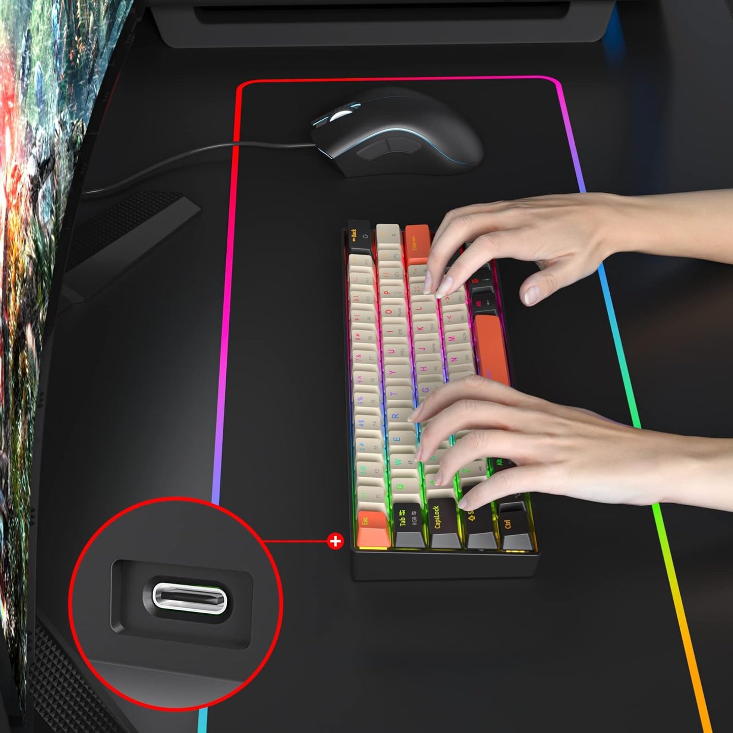 60 Percent Gaming Keyboard Mechanical with Linear Red Switch, 65% Wired Ultra-Compact Mini Keyboard Rainbow with PBT Keycaps for Ps4/Ps5/Xbox(68 Green)