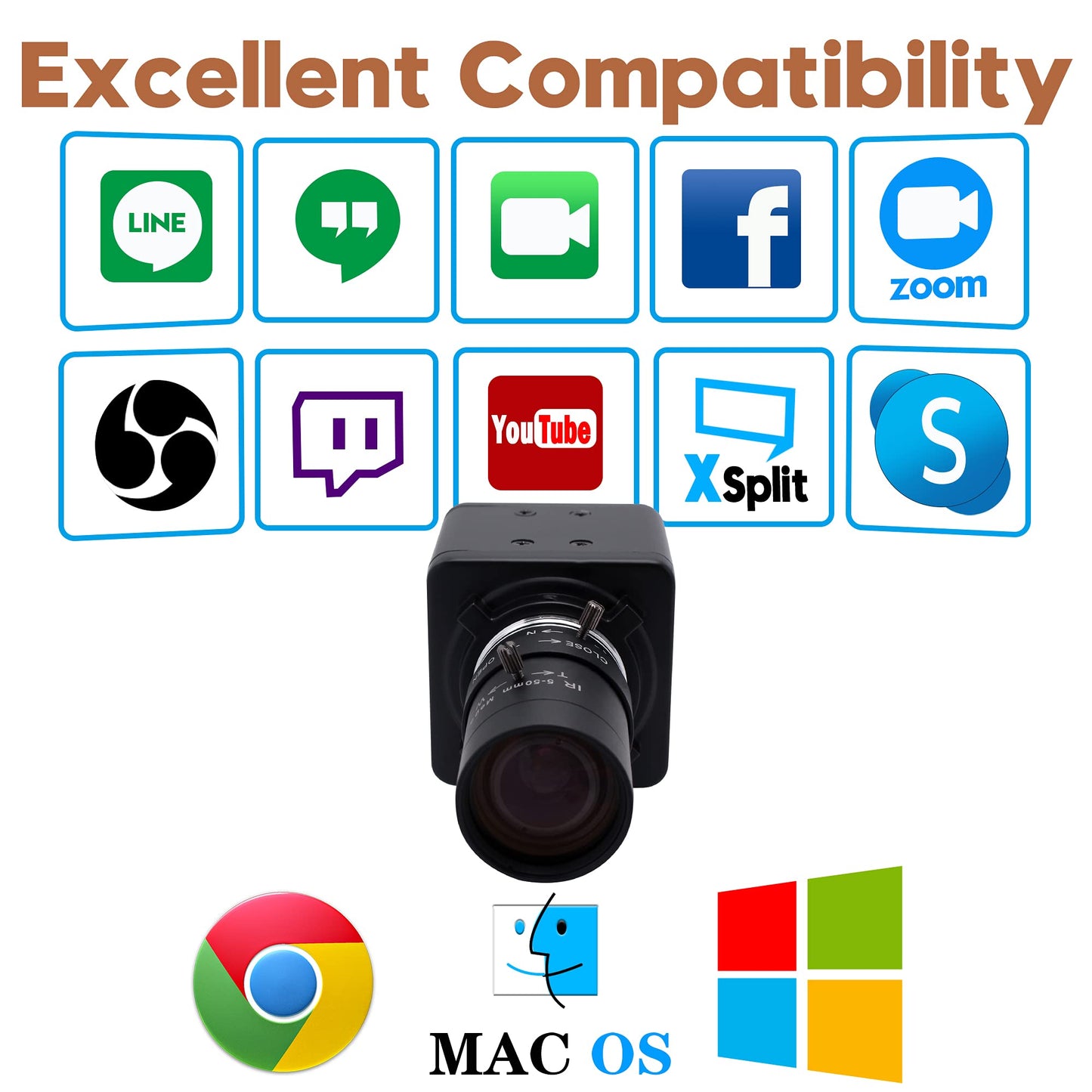 4K USB Camera Manual Zoom Webcam 5-50mm Variable Focus PC Camera for Computer Mini UVC USB2.0 Web Camera IMX317 Varifocal USB with Camera Industrial Video Close-up Camera for Laptop Android Mac