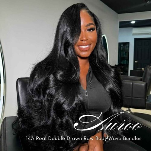 AUROO 14A Raw Bundles Human Hair Body Wave, 100% Indian Virgin Raw Hair Bundles Wavy Long Lifespan No Shedding Double Drawn Premium Full-Bodied Quality Quick Weaves #Natural Black (14 14 14 Inch)