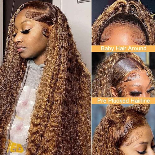 13x6 Highlight Lace Front Wig Ombre Deep Wave Lace Front Wig Pre Plucked With Baby Hair 180% Density Honey Blonde Curly Human Hair Glueless Wigs for Women (24 inch)