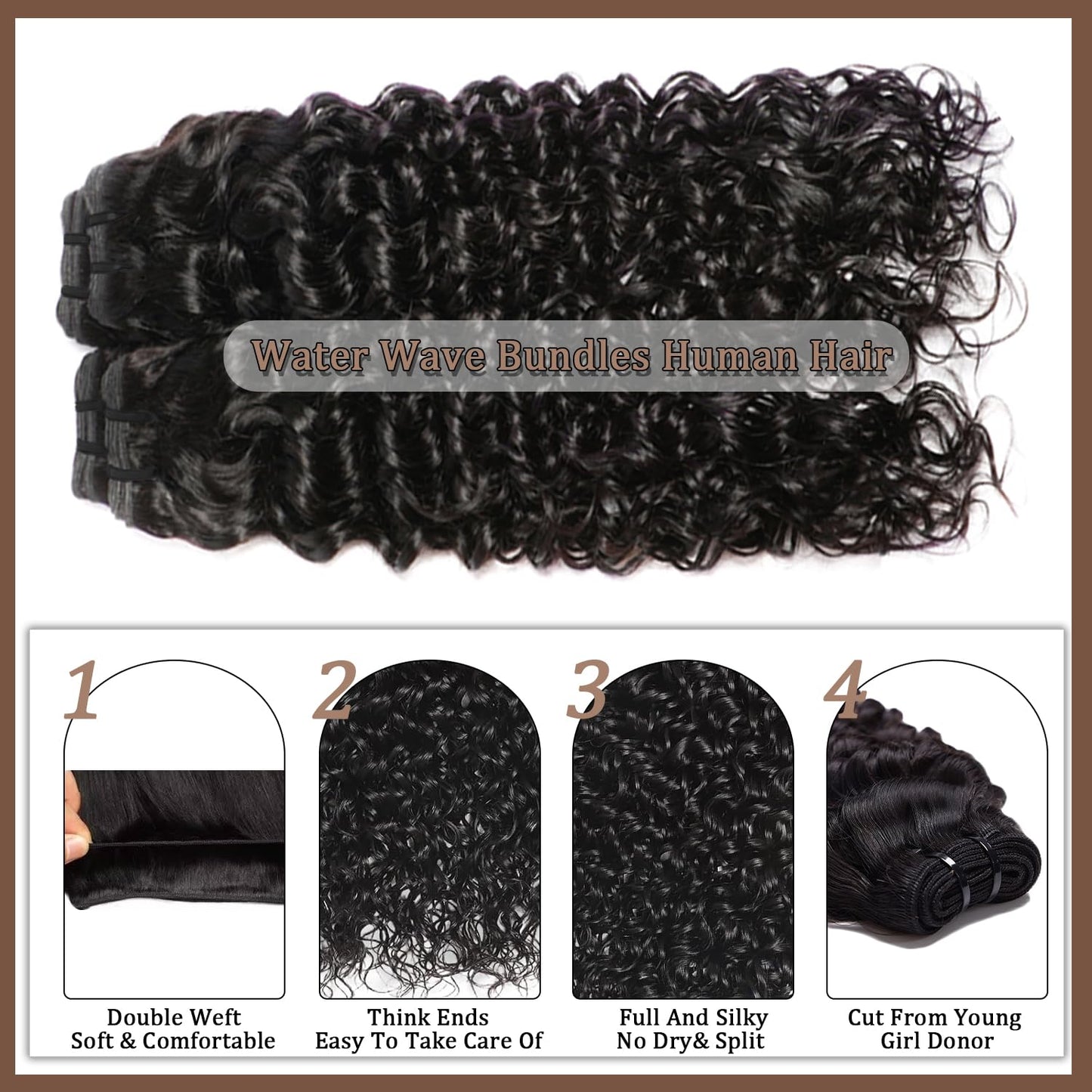 12A Water Wave Human Hair Bundles Wet And Wavy Bundles Human Hair 100% Unprocessed Brazilian Remy Water Wave Curly Bundle Extensions Natural Black Color 14 16 18 Inch