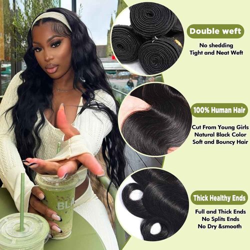 Body Wave 3 Bundles with Frontal (14 16 18+14, Bundles with Frontal) 100% Unprocessed Brazilian Body Wave Human Hair Weave with 13x4 Free Part Lace Front with Pre-Plucked Baby Hair Natural Color