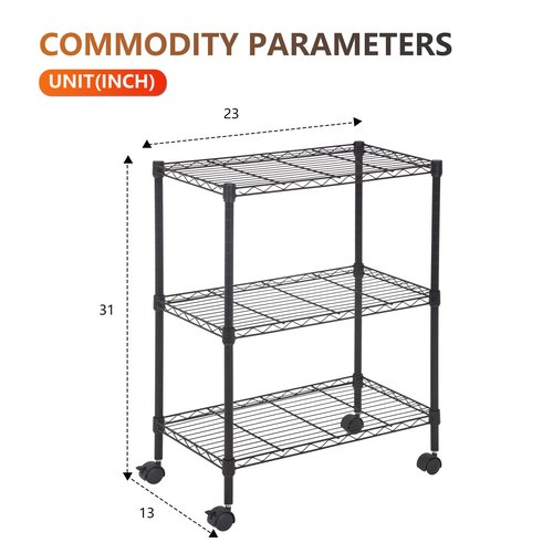 BestOffice | 3-Tier Wire Storage Shelves with Wheels | 23x13x31 | Black | Adjustable Racks | Heavy-Duty Metal Shelf, Holds Upto 170 lbs | No-Tool Assembly | Ideal for Home & Garage Shelving