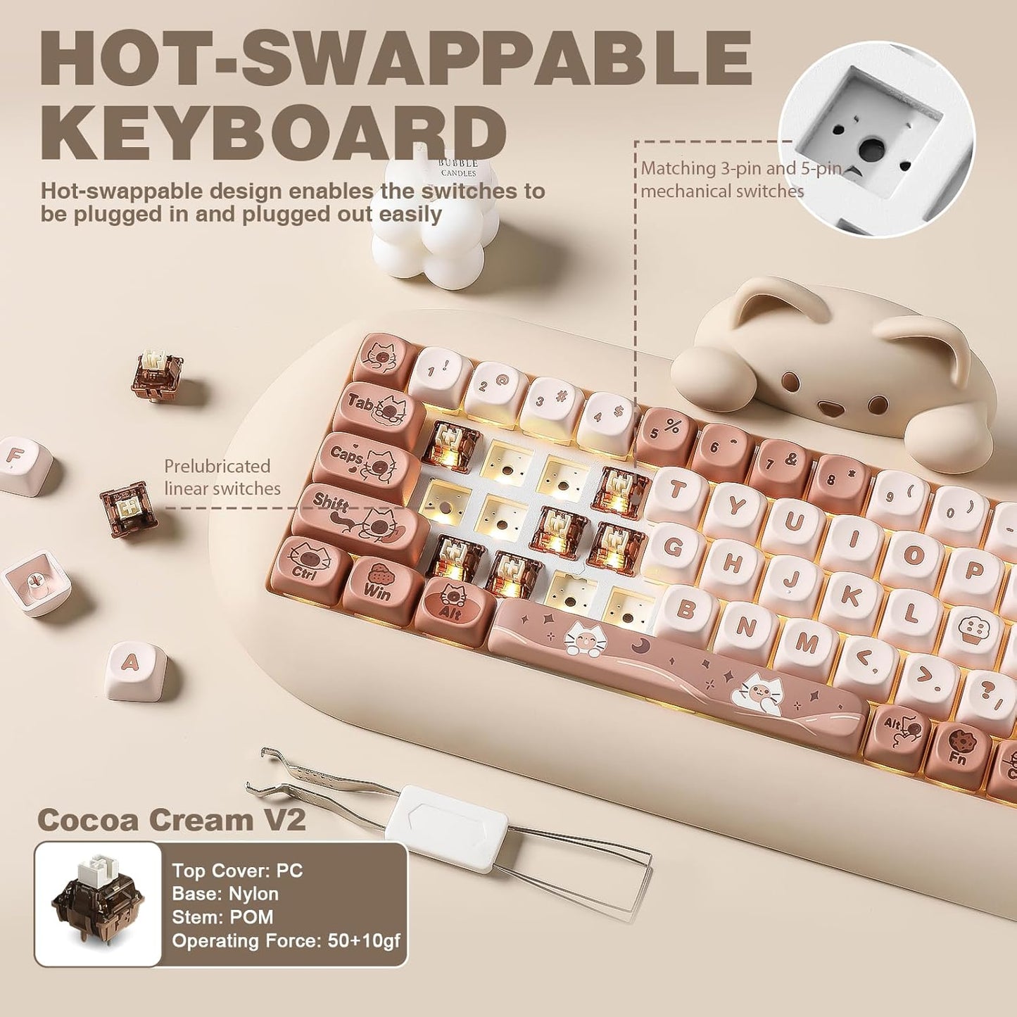 YUNZII C68 Wireless Mechanical Keyboard,65% Layout,Hot Swap,Triple Mode BT5.0/2.4G/Wired, RGB Backlit NKRO,Cute Cat Silicone Ergonomic Design for Win/Mac(Pink, Cocoa Cream V2 Switch)