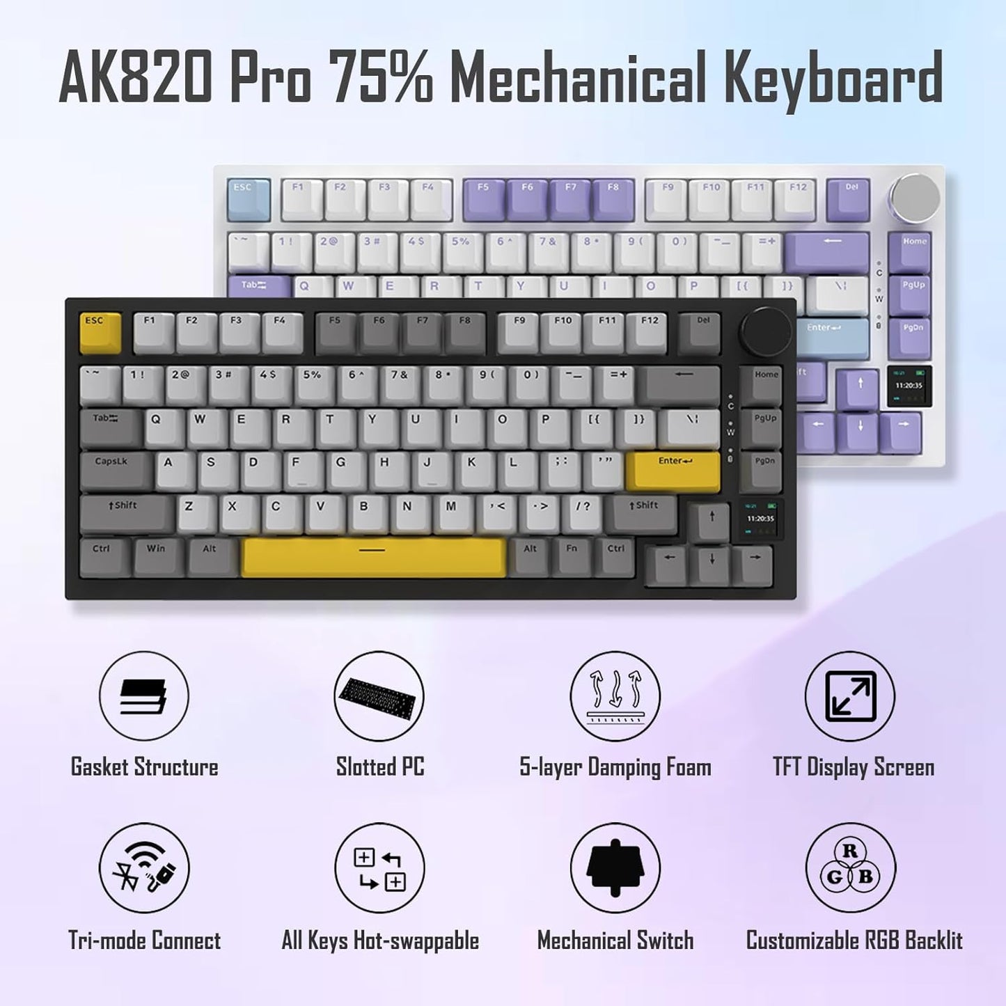 AJAZZ AK820 Pro 75% Gasket RGB Wireless Mechanical Keyboard with TFT Screen, Volume knob, Bluetooth/2.4G/Wired 3-Modes, Compact 82 Hot-Swap Keys, Tricolor PBT Keycap, 4000 mAh (Gray&Yellow 3-Modes)