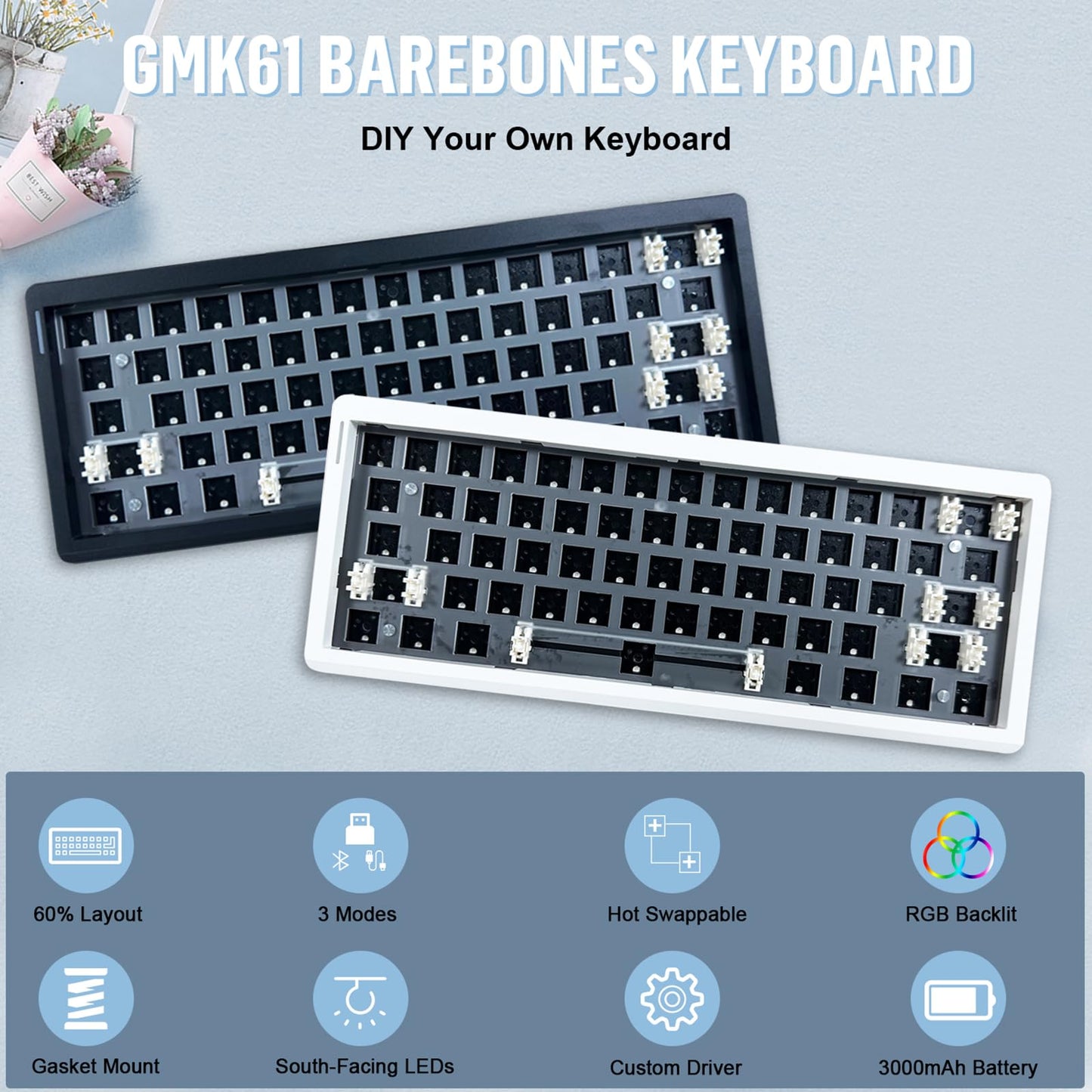 ZMX GMK61 Barebones Keyboard Kit,60% Hot Swap Programmable Gasket Mount RGB Backlit BT5.0/2.4G/Wired Type-C Wireless Mechanical Keyboard 61 Keys NKRO Custom Gaming DIY Kit (White)