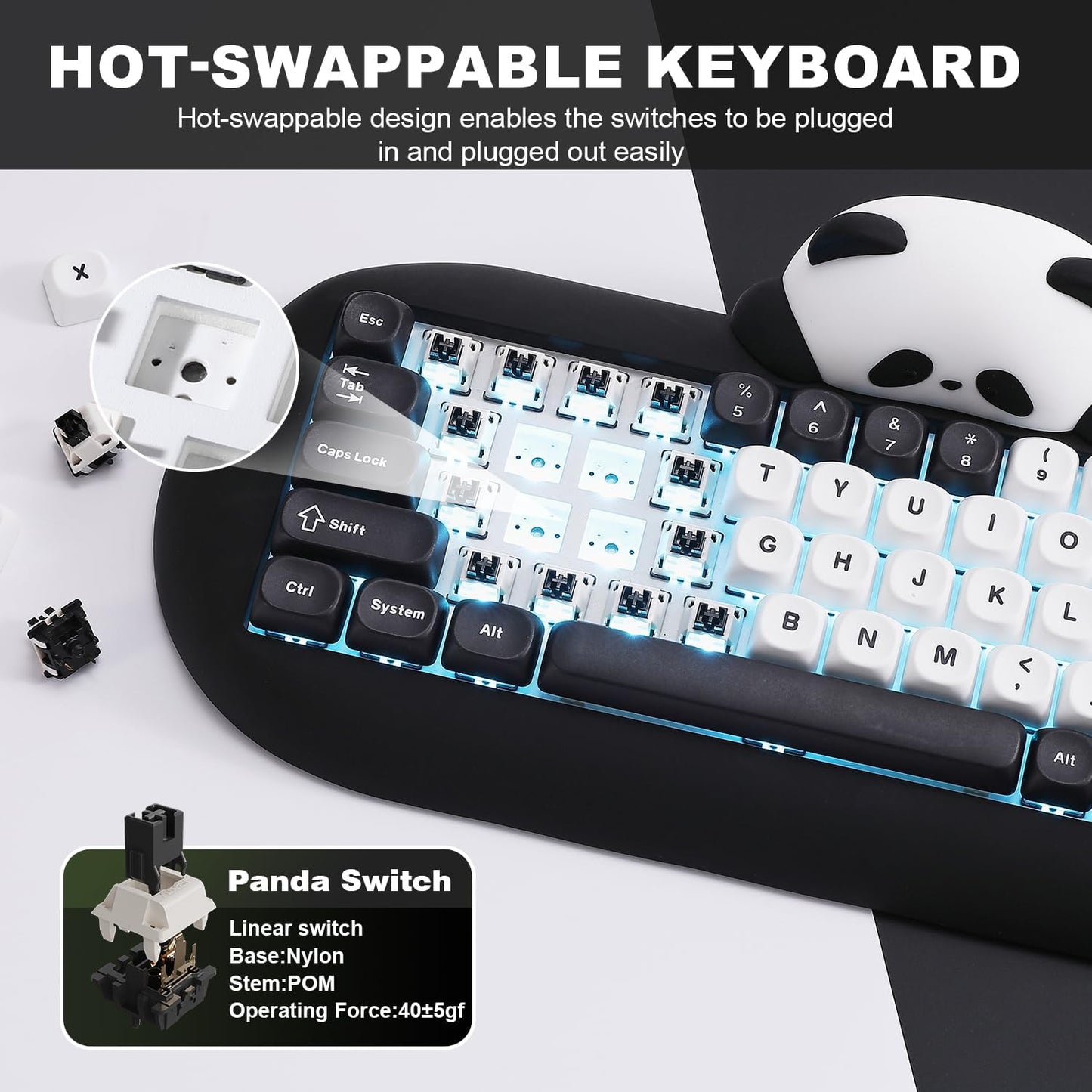 YUNZII C68 Panda Wireless Mechanical Gaming Keyboard, 68 Keys Cute Layout with PBT Keycaps,RGB Backlit, Hot Swappable,Creamy Switches,BT5.0/2.4G/Wired for Win/Mac(White,Panda Switch)