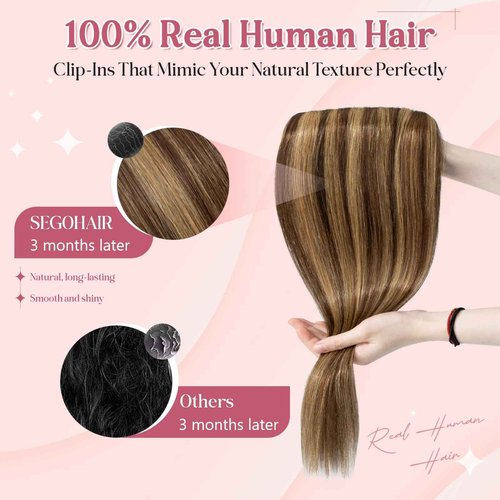 SEGOHAIR Clip In Hair Extensions for women One Piece 5 Clips Real Human Remy Hair Extension Long Straight Hairpieces for women 18 Inches #4P27 Medium Brown mixed Dark Blonde