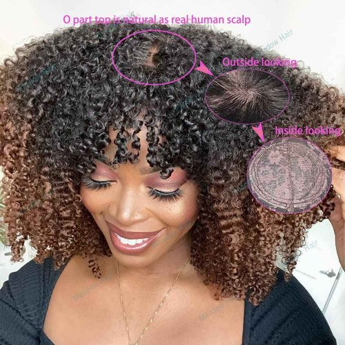200% Density Ombre Human Hair Wigs Afro Kinky Curly Two Tone Wig With Bangs Brazilian Virgin Human Hair Machine Scalp Top Ombre Bang Wig Glueless For Black Women 14 Inch