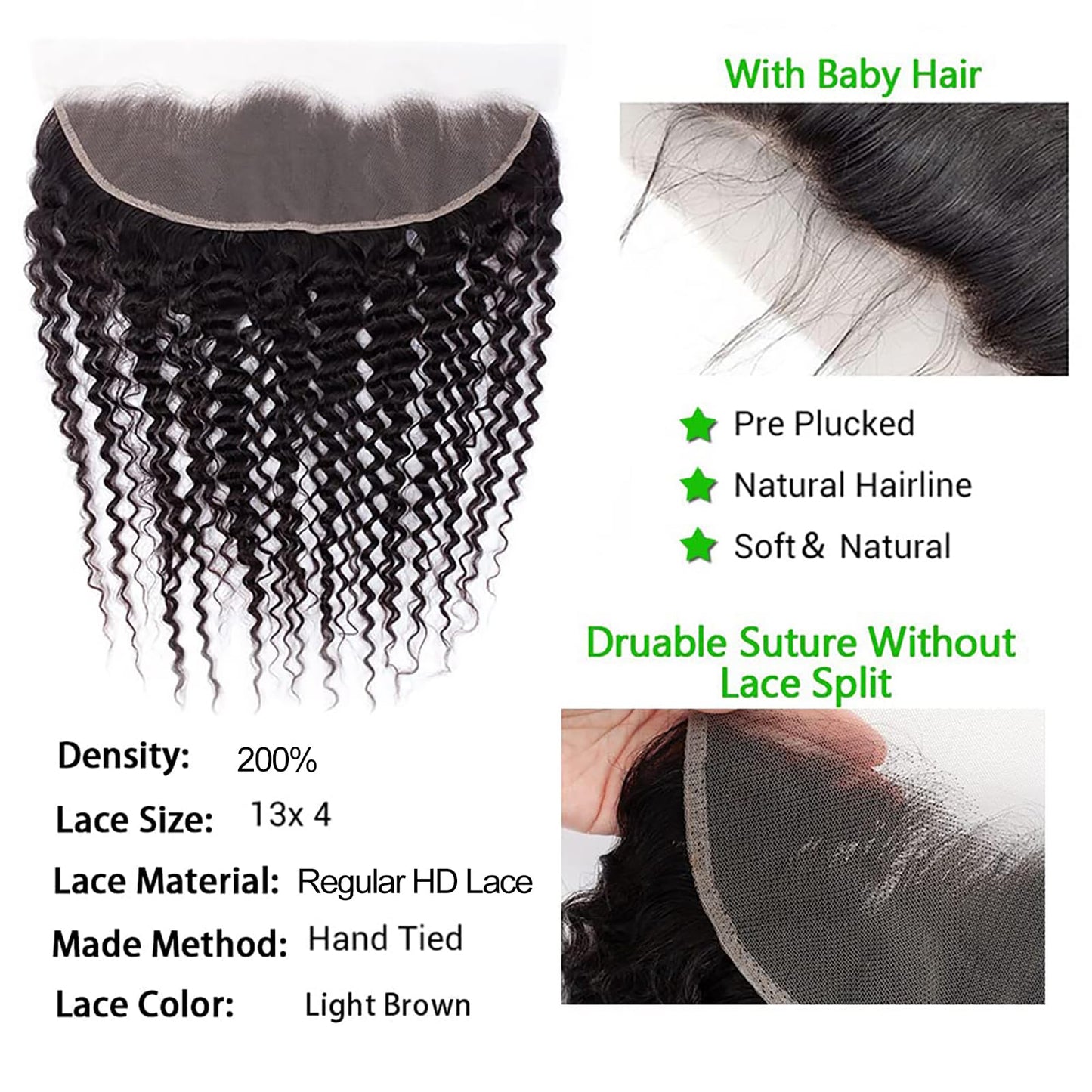 13x4 Lace Frontal Closure Deep Wave Regular HD Lace, 200% Density, 100% Brazilian Virgin Human Hair Ear to Ear HD Lace Frontal Pre Plucked with Baby Hair Natural Black Color 24 Inch