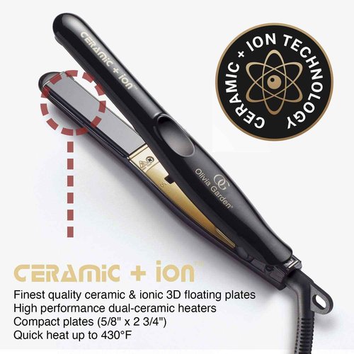 Olivia Garden Travel Size 5/8" Ceramic + Ion Professional Flat Iron Dual Voltage with Heat Resistant Mat/Pouch and Detangling Brush