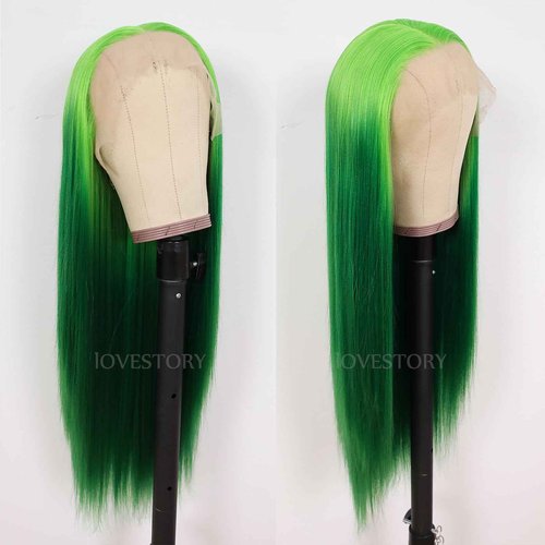 Lovestory Green Lace Front Wigs Long Straight Glueless Hair Ombre Green Color Wig Heat Resistant Synthetic Lace Front Wigs for Fashion Women 22inch