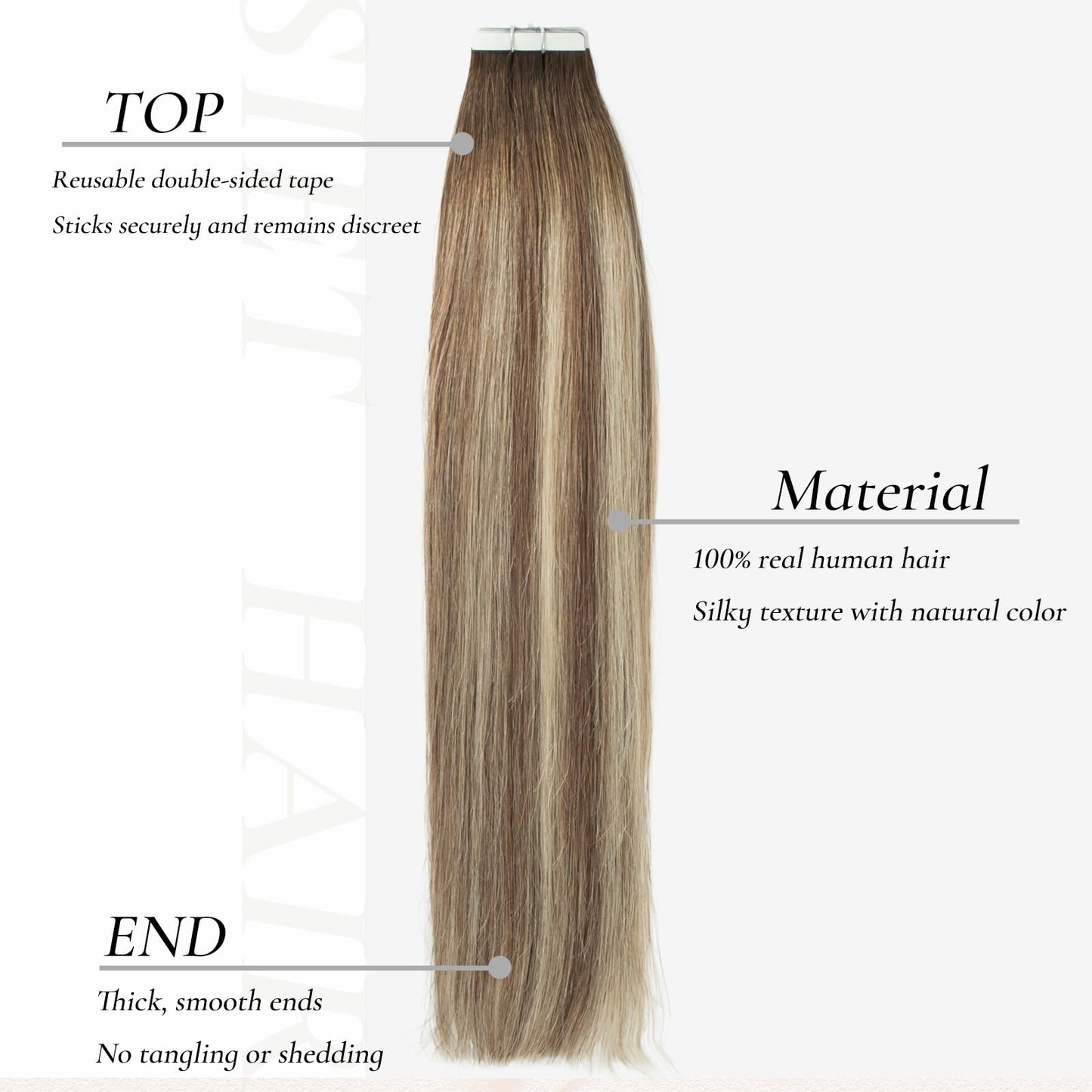 Hyssiet Tape in Hair Extensions Human Hair, 20pcs 50g 18 Inch Tape in Hair Extensions, Balayage Walnut Brown To Ash Brown Mix Light Blonde,Invisible Remy Silky Straight Real Natural Thick Human Hair