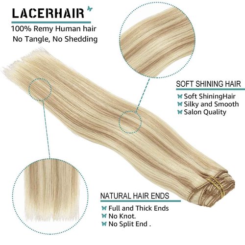 Lacer Clip In Hair Extensions Real Human Hair 20 Inch Light Brown Highlighted Platinum Blonde Thick Silky Straight Remy Human Hair Clip in Extensions 7 Pieces 120 Gram