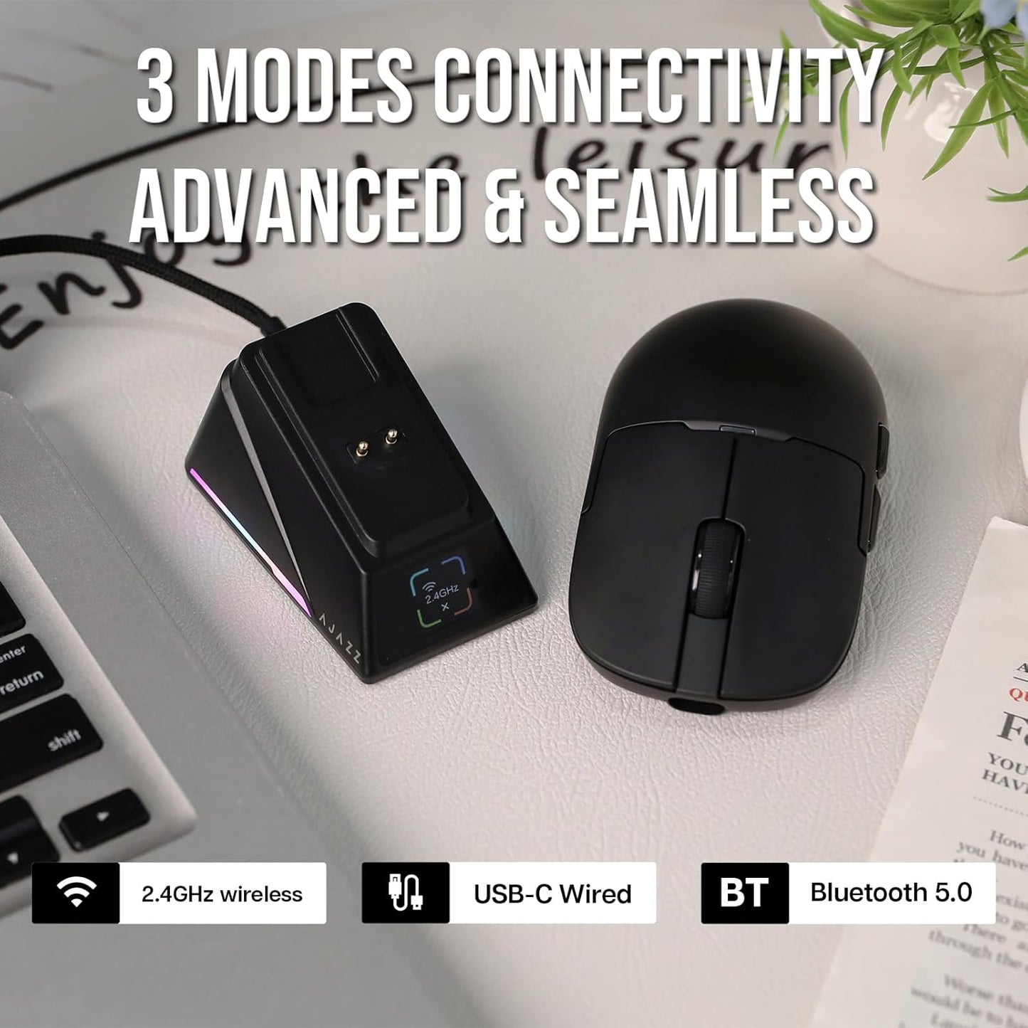 AJ159 APEX Wireless Mouse, Lightweight Gaming Mice, with Magnetic Charging Design and Display Screen, 42000 DPI, PAW3950 Sensor, BT/2.4G/Wired Connection, 400mAh Battery (Black)