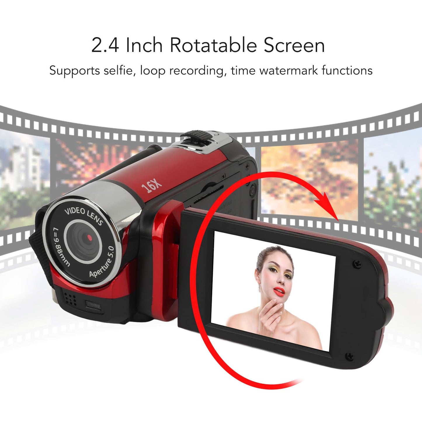 1080PDigital Camera, 16MP Camcorder with 2.4 Inch Rotatable Screen, 16X Zoom HD Video Recorder with Fill Light, Video Camera Built in Battery (Red)