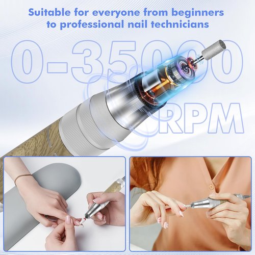 YEOTSMUT 35000RPM Nail Drill Professional, Rechargeable Electric Nail File,Cordless Nail File Portable Efile for Acrylic Gel Nails Remove, 12Pcs Nail Drill Bits, Super Silent Shockproof and not hot