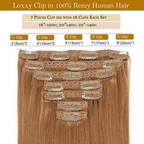 Loxxy Real Hair Extensions Clip in Human Hair Auturn Blonde Hair Clip in Extensions Double Weft Brazilian Remy Human Hair Clip ins #30 Blonde Clip in Extensions 14 Inch 7pcs 120g 16 Clips