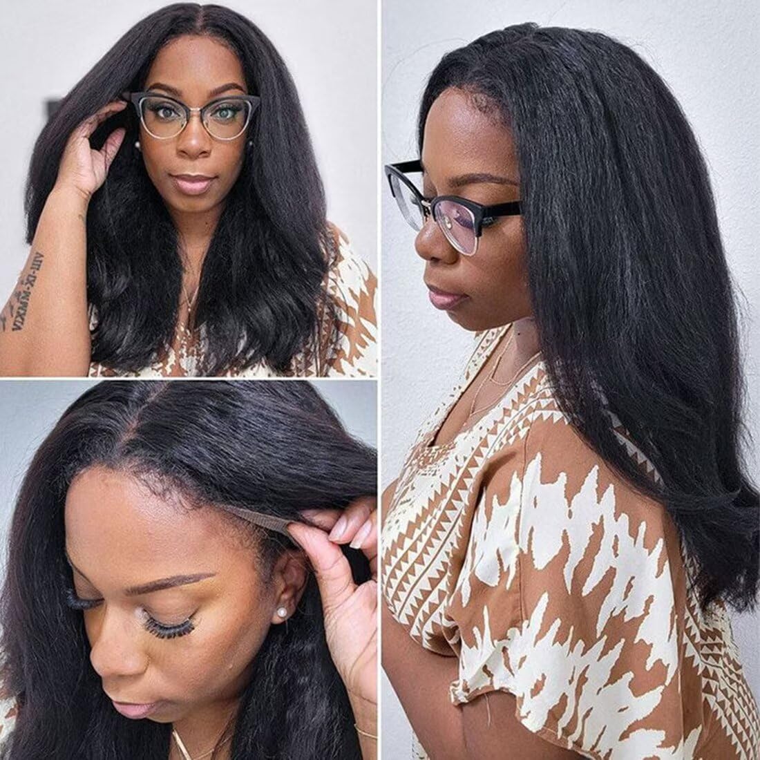 13X4 Lace Front Wig With Curly Edges Hairline 180% Density Kinky Straight Human Hair Wigs for Black Women Yaki Straight HD Lace Wig with Curly Baby Hair Glueless Wigs for Women Natural Black 20 Inch