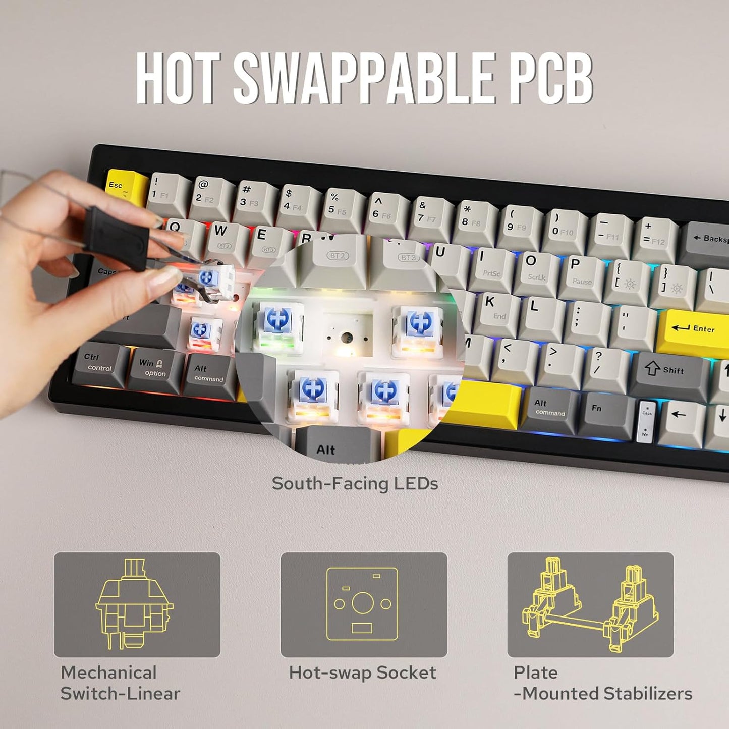 AJAZZ AK650 65% Gasket Mechanical Keyboard, 3 Modes Wireless Gaming Keyboard with 0.85'' TFT Screen & Knob, Hot Swappable, 5000 mAh Battery, Flex-Cut Plate & PCB, RGB (White Purple)