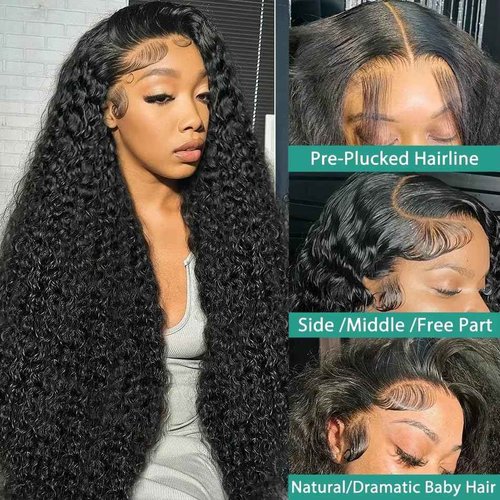 DaXunDi Deep Wave Lace Front Wigs Human Hair Pre Plucked 13x6 Curly Human Hair Wig 200% Density Wet and Wavy Hd Lace Front Wigs Curly Brazilian Black Deep Wave Wigs for Women Human Hair(24 Inch)