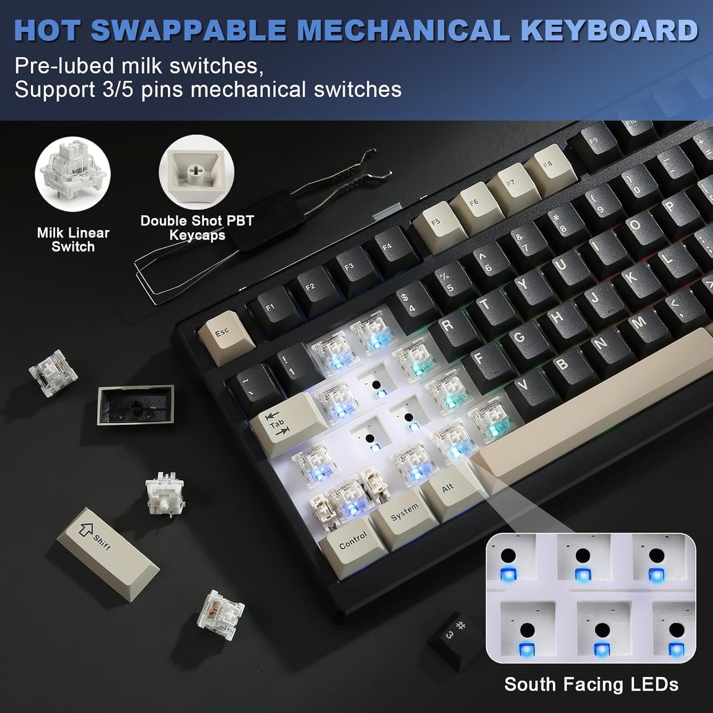 YUNZII YZ98 Gasket Mechanical Keyboard,99 Key Hot Swappable BT5.0/2.4G/USB-C Wireless NKRO 98% 1800 Layout with RGB LED Backlit for Linux/Win/Mac(Milk Switch, White)