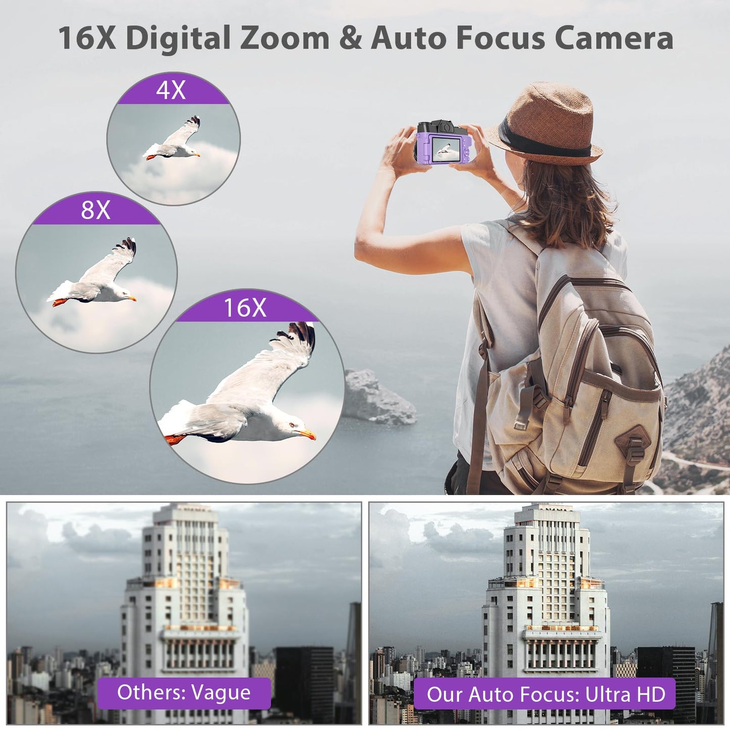 4K Digital Camera for Photography & Vlogging, 56MP YouTube Camera with WiFi, 3" 180° Flip Screen, 16X Digital Zoom, 52mm Wide Angle & Macro Lens, 32GB TF Card, 2 Batteries – Purple