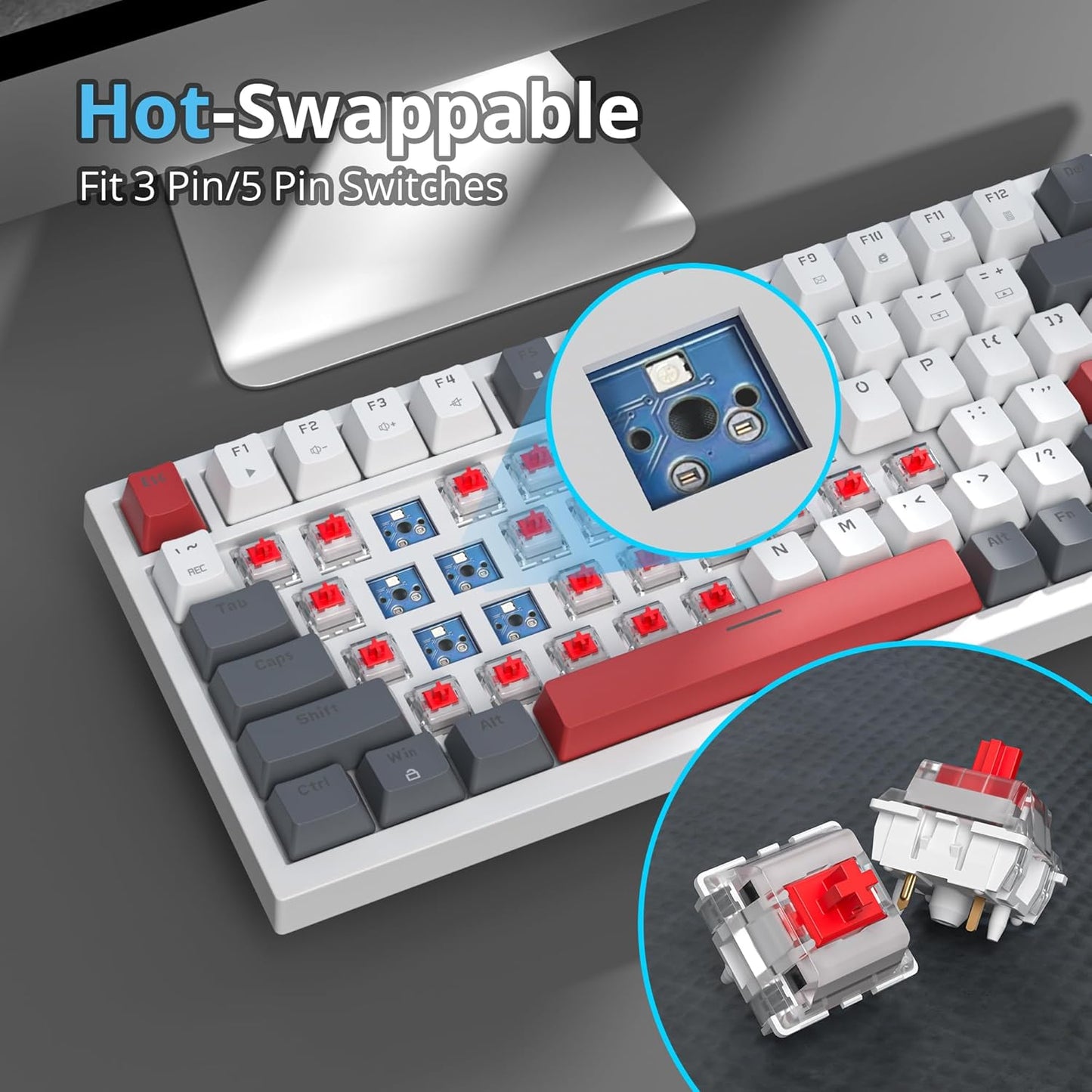 75 Percent Keyboard Gasket-Mounted with Sound Absorbing Pads, 82-Key Compact Wired RGB Mechanical Gaming Keyboard Hot-Swap Socket for Win, Gray White